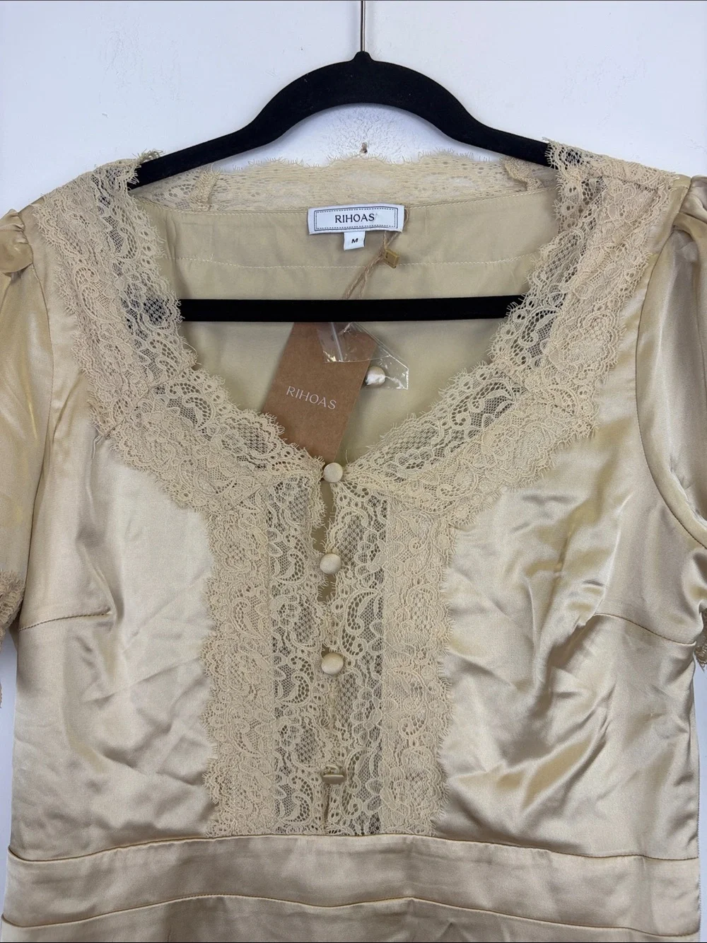 Rihoas Apricot Satin Lace Mini Dress Medium NWT V Neck Cottagecore Romantic - Picture 7 of 12